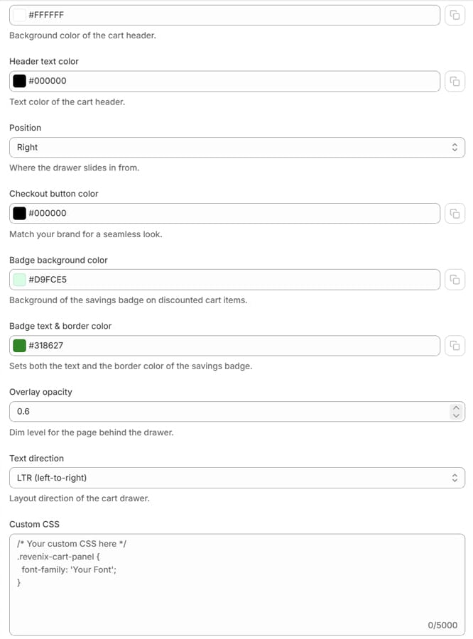 Fully customizable cart drawer settings dashboard with color, position, and layout options, no code required
