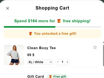 Free shipping progress bar inside the cart drawer showing how much more to spend to unlock free shipping