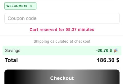 Cart reservation countdown timer inside the cart drawer, above the savings and total rows