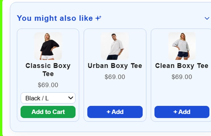 In-cart upsell and cross-sell section recommending related products with add to cart buttons