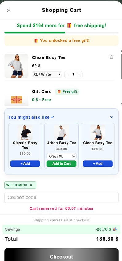 Revenix cart drawer open on a store, showing a free shipping progress bar, cart items, upsell recommendations, a coupon code field, and a checkout button